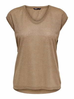 ONLSILVERY S/S V NECK LUREX TO Toasted Coconut