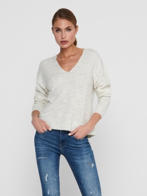JDYELANORA L-S V-NECK PULLO. K White/MELANGE