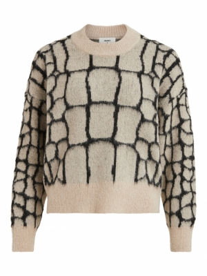 OBJMELANIE L-S KNIT PULLOVER 1 Sandshell/BLACK