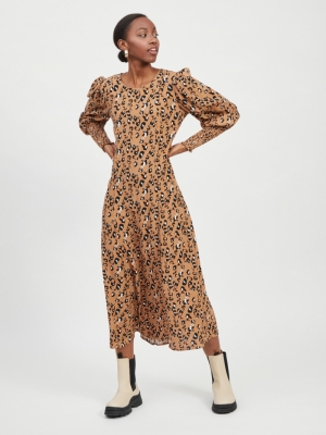 VIKITTIE L-S MIDI DRESS-PB Tigers Eye/W. B