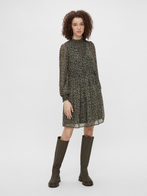 PCTILLE LS DRESS D2D Black/FLOWERS