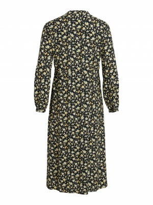 VITIMIA L-S TIE MIDI DRESS SU- Black/FLOWER