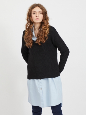 VIOKTAVI V-NECK L-S KNIT TOP-S Black