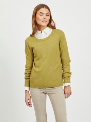VIRIL O-NECK L-S KNIT TOP - N Green Olive/MEL
