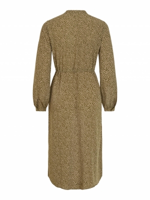 VIKOLINA L-S TIE STRING DRESS- Pesto/LEAVES