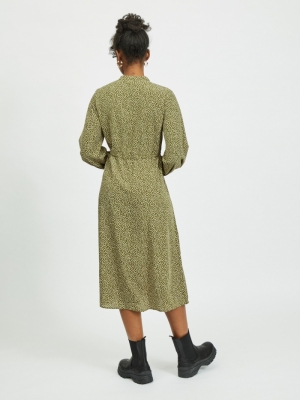 VIKOLINA L-S TIE STRING DRESS- Pesto/LEAVES