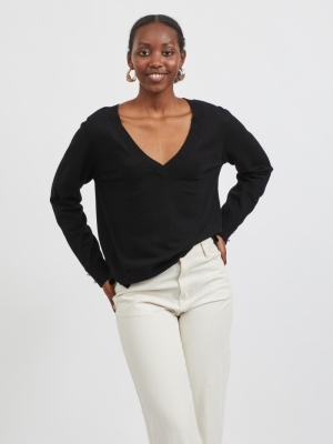 VICOMFY V-NECK L-S KNIT TOP-PB Black