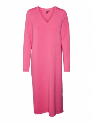 VMSILKY L/S V-NECK CALF DRESS Pink Yarrow