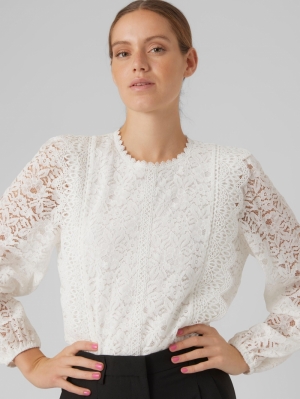 VMJOY L/S O-NECK FRILL LACE TO Bright White
