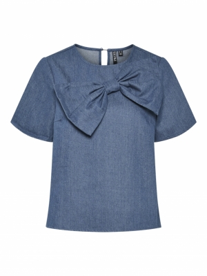 PCDOVE SS O-NECK BOW TOP D2D D Medium Blue Den