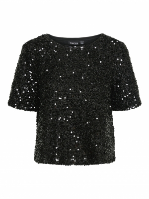 PCSERENA SEQUIN SS O-NECK TOP Black/Black seq