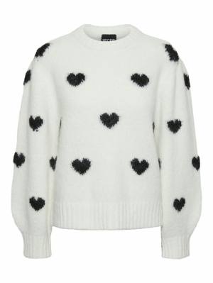 PCRINA LS O-NECK HEART KNIT BC Cloud Dancer/Bl