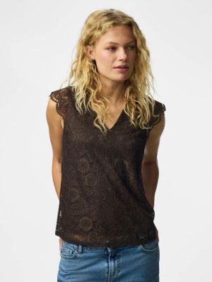 PCOLLINE SL LACE V-NECK TOP WV Hot Fudge