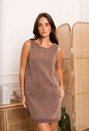 coloured denim open back dres brown denim