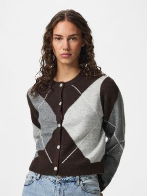PCSALLY LS KNIT CHECK CARDIGAN Hot Fudge/GREY/
