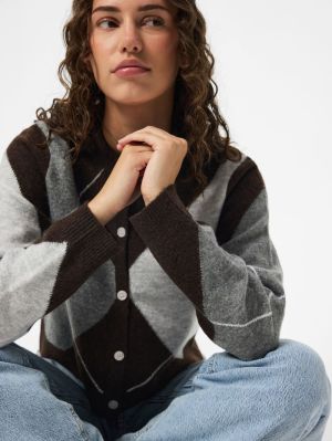 PCSALLY LS KNIT CHECK CARDIGAN Hot Fudge/GREY/