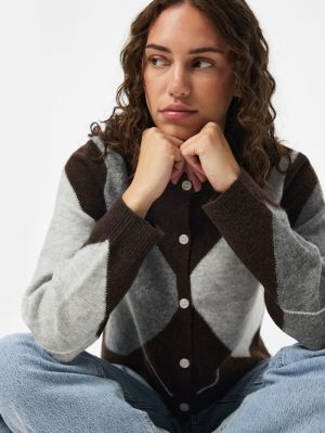 PCSALLY LS KNIT CHECK CARDIGAN Hot Fudge/GREY/